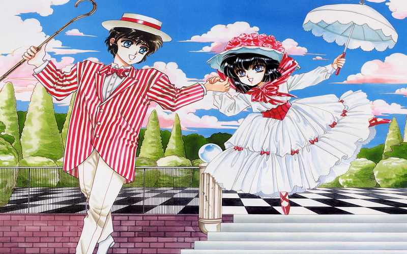 men, creativity, art and craft, sky, holding, blue, 20 mensho ni onegai!!, CLAMP, portrait, two people, sunlight, nature, clothing, striped, women, representation