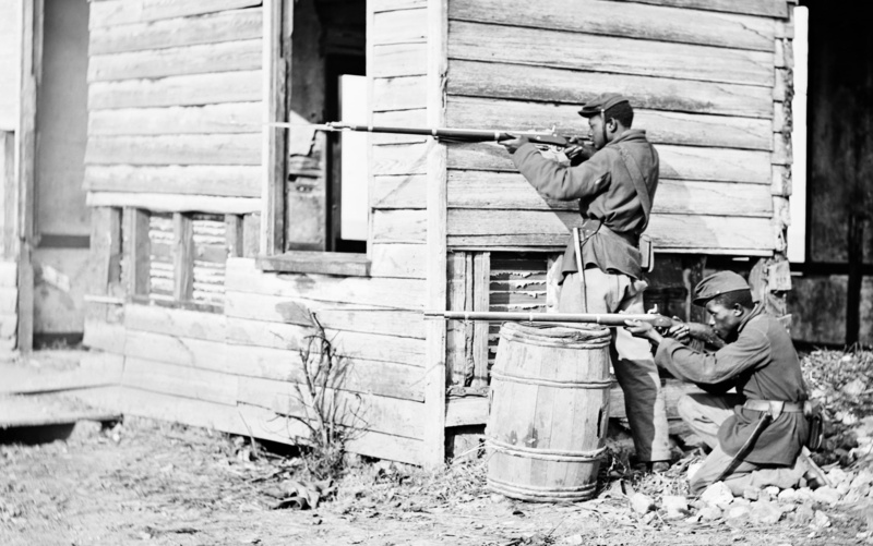full length, civil war, rifles, wood - material, holding, building exterior, men, racism, soldiers, civil rights, architecture, african american, built structure
