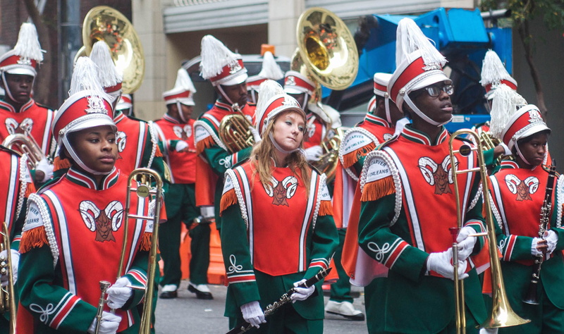 women, lifestyles, arts culture and entertainment, outdoors, day, jazz, red, headwear, new orleans, men, clothing, group of people, trumpet, young adult