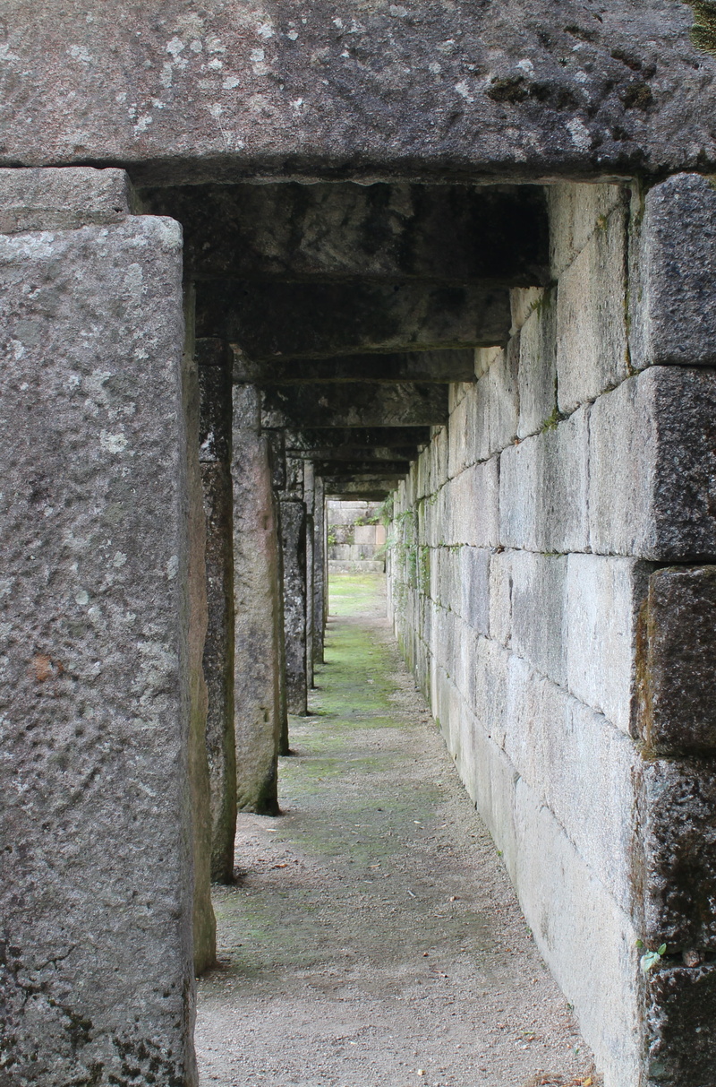 columns, grey, concrete, ruins, direction, ancient, wall - building feature, architectural column, colonnade, arch, facade, moss, day, outdoors, no people