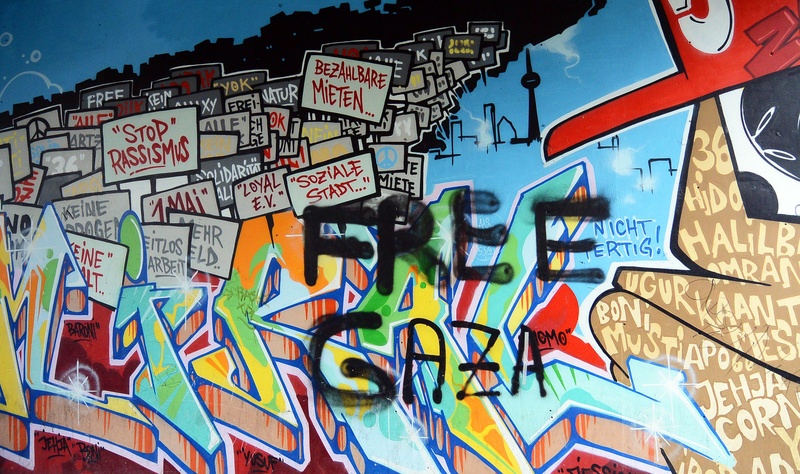 aggression, wall - building feature, berlin, pattern, representation, graffiti, mural, gaza, text, art and craft, multi colored, facade, building exterior