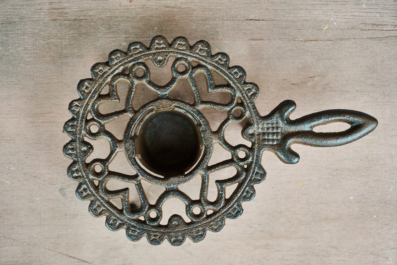 wood - material, metal, old, pattern, table, candle, gift, circle, no people, 5K, close-up, candlestick, geometric shape, sarmiento, indoors, antique