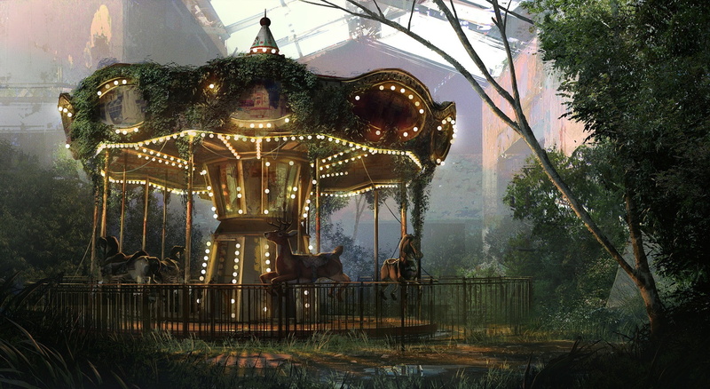 architecture, amusement park, arts culture and entertainment, sky, sculpture, dusk, 1080P, lighting equipment, no people, illuminated, tree, plant, video games