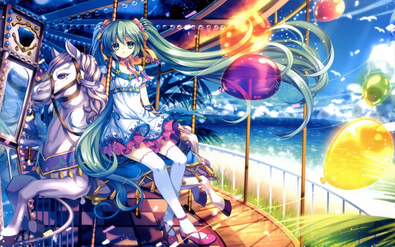 Anime, round, Hair, Green, go, merry, Sitting, 720P, Girl