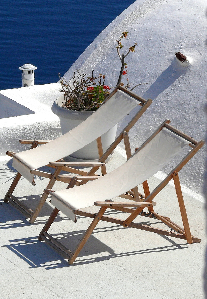 santorini, table, wood - material, island, empty, sunlight, no People, volcano, travel, aeolian island, greece, seat, high angle view, day, summer, sea