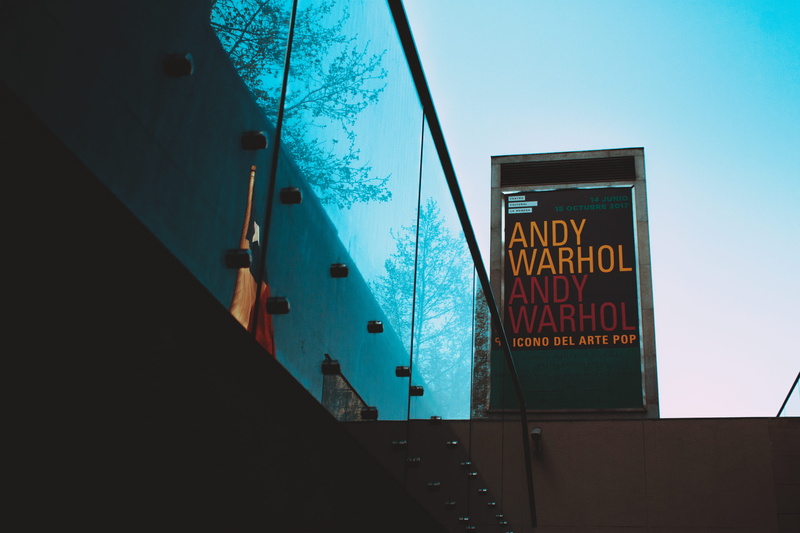 flag, sign, building, building exterior, santiago, guidance, information sign, text, western script, nature, exposition, popart, chile, day, andywarhol