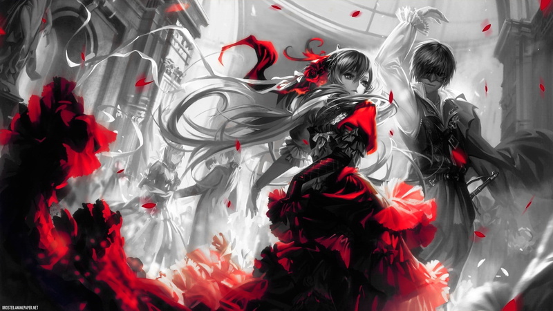 1080P, anime, hd, rin, miku, red, dress, vocaloid, hot, art, len, kaito, couple, hatsune, kagamine, monochro