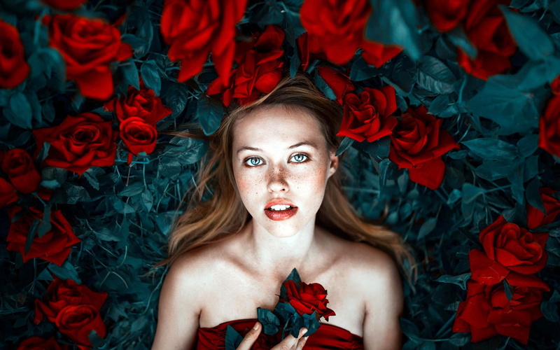 rose, women, portrait, face, 1080P, red, model, red flowers, long hair, Ronny Garcia
