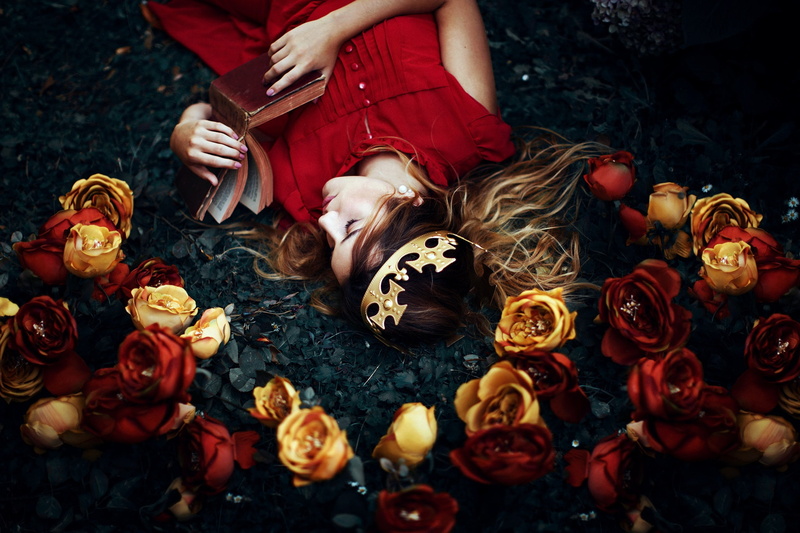 flowers, girl, 1080P, sleep, book, crown, Ronny Garcia, My wonderland