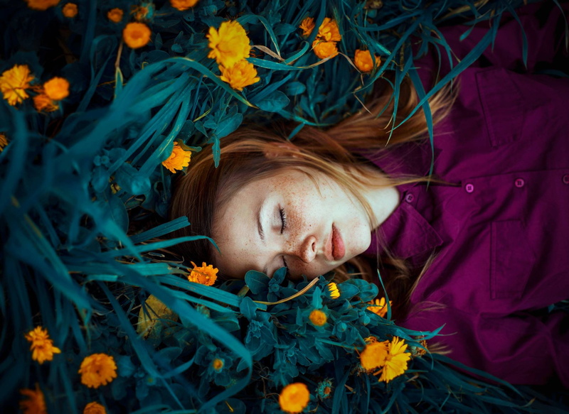 1080P, redhead, sleeping girl, girl, freckled, red, calendula, flowers, freckles, sleep, Ronny Garcia, grass