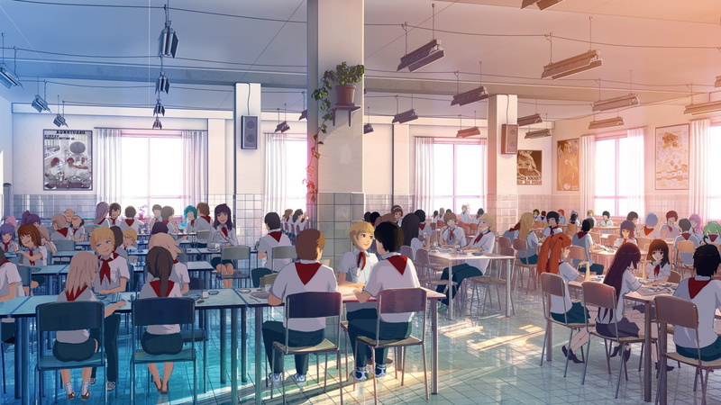 indoors, anime, Cafeteria, chair, Everlasting Summer, 1080P, women, communication, crowd, restaurant, seat, business, table, tiles, large group of people
