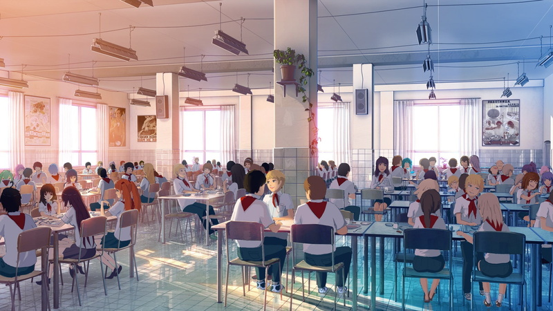 Cafeteria, schoolboys, Schoolgirl, 1080P, tiles, Everlasting Summer, anime