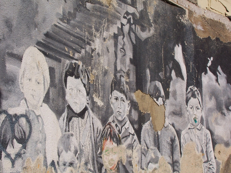 dirty, full frame, day, wall - building feature, mural, architecture, backgrounds, creativity, misery, street art, text, children, female likeness, human representation