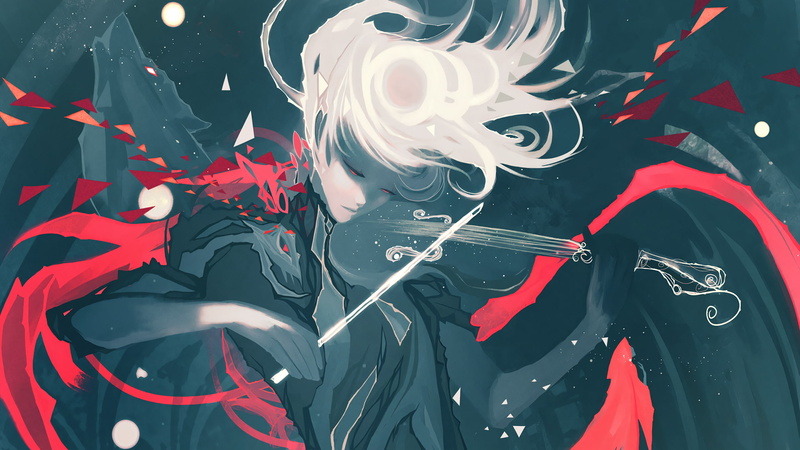 abstract, night, women, Nano Mortis, wolf, 1080P, stars, violin