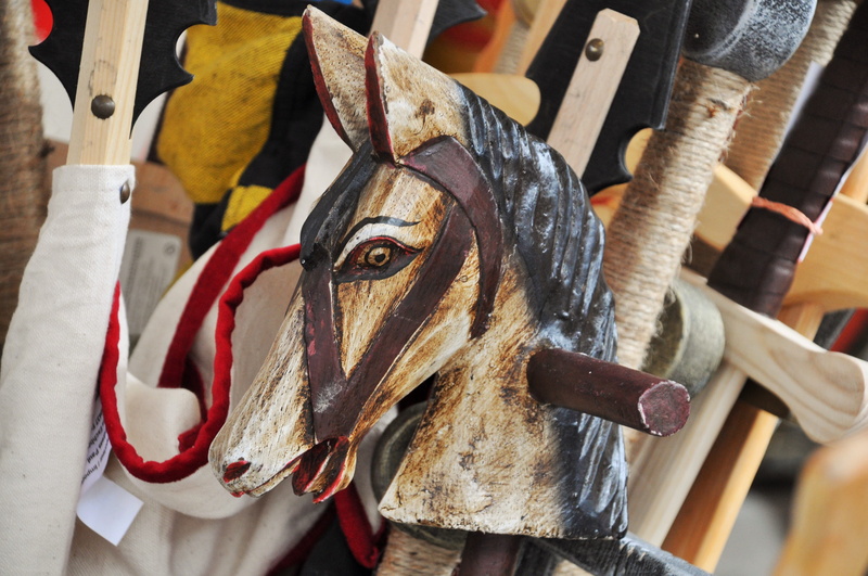 medieval festival, playful, Swords, art and craft, no people, wooden swords, games tray, one animal, mammal, Wooden Horse, vertebrate, mask - disguise