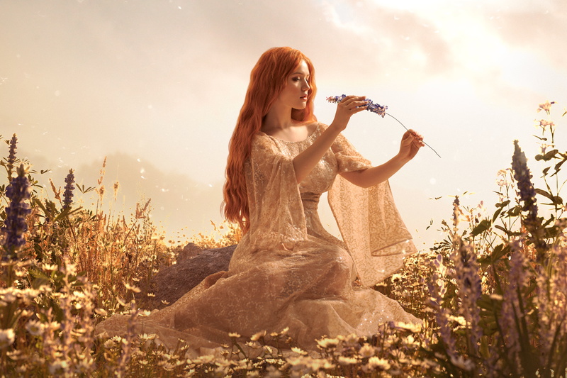 5K, dress, Lada Lyumos, long hair, redhead, model, plants, cosplay, women