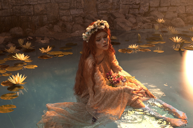 water, cosplay, women, redhead, long hair, wet, dress, Lada Lyumos, model, 5K