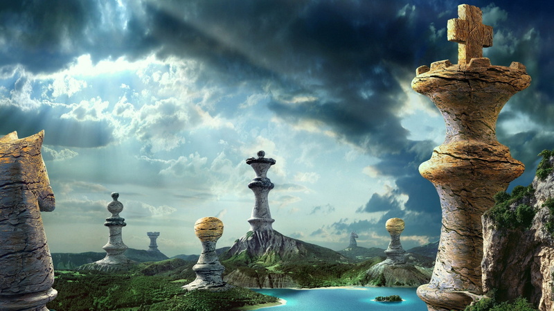 2K, Hill, island, fantasy Art, rock, king, clouds, Chess, nature, water, Queen, Trees, digital art, sunlight, horse, landscape, Pawns