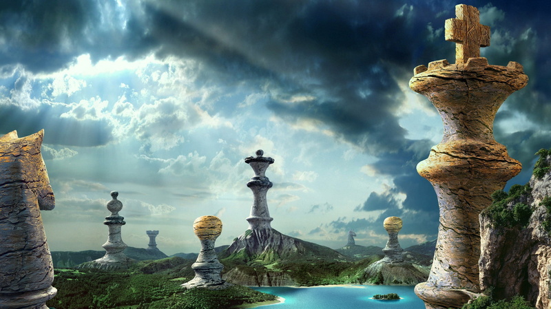 sunlight, water, pawns, digital art, hills, island, Queen, horse, 2K, trees, landscape, chess, rock, fantasy art, king, clouds, nature