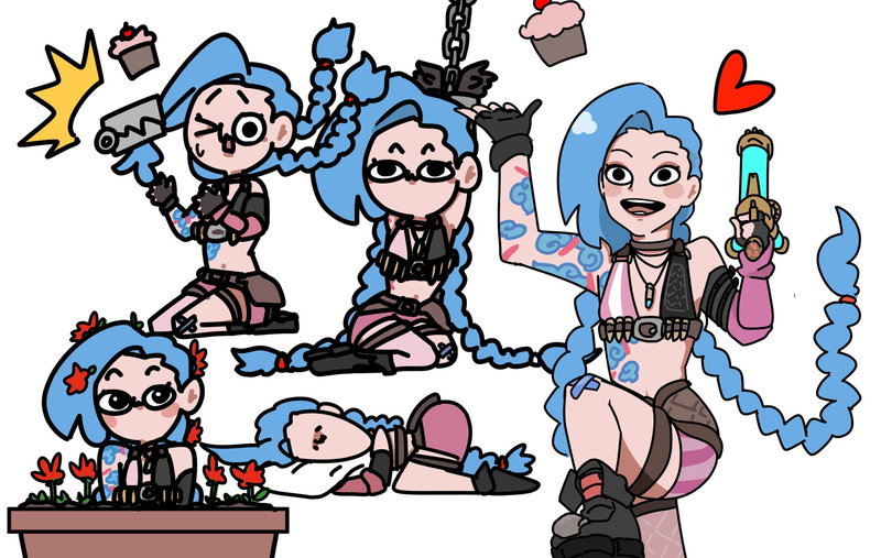 pie, sonwooang, flowers, blue hair, digital art, video game characters, fan art, tattoo, League of Legends, women, artwork, video games girls, Jinx (League of Legends)