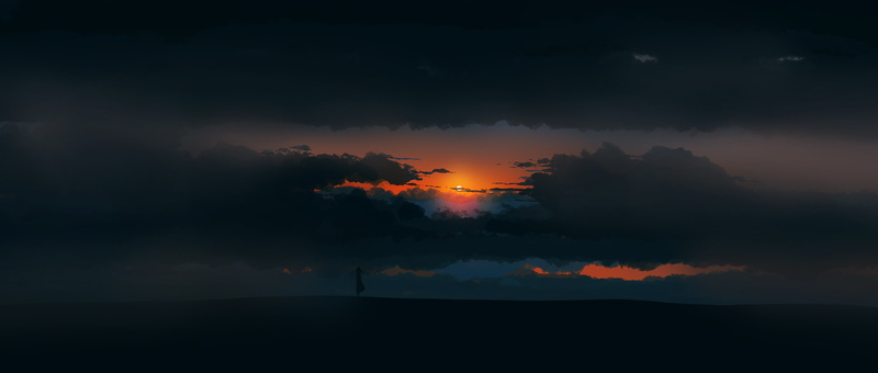sun, mood, art, girl, clouds, twilight, Sunset, artwork, shilouette, illustration, figure, 5K, environment, landscape, digital art, alone, sky