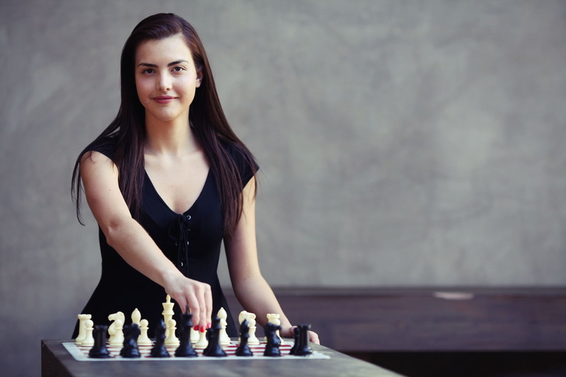 1080P, brown eyes, Alexandra Botez, women, smiling, red nails, long hair, chess, board games, brunette, face, model, black dress
