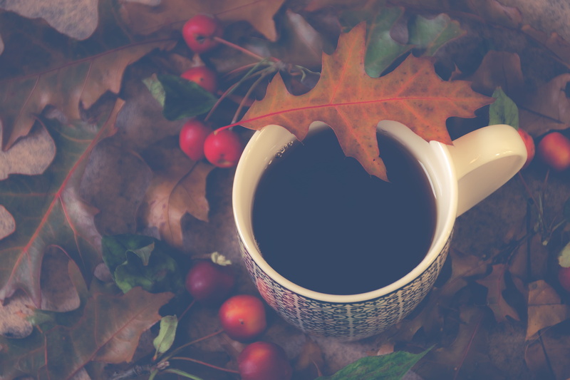 leaves, colors, no people, gold, food, environment, plant, food and drink, tea cup, cherries, nature, drink, plant part, coffee cup, tea, coffee - drink