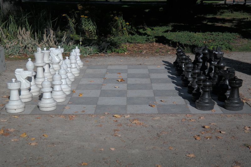 tower, outdoors, day, tree, playing field, game, in a row, plant, art and craft, chess game, play, footpath, figures, large group of objects, chess board