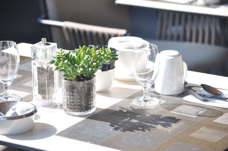 food and drink, glass, sunlight, container, white, restaurant, 4K, furniture, freshness, focus on foreground, indoors, still life, food, salt shaker, plant