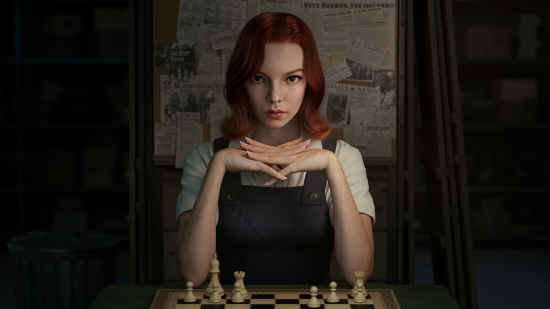 3D, The Queens Gambit, looking at viewer, 2K, Beth Harmon, ArtStation, artwork, chess, redhead, digital painting, Anya Taylor-Joy, fan art, digital art