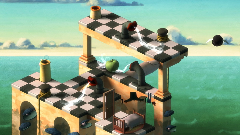 artwork, 3d, Pipe, Surreal, 1080P, bed, Column, clouds, eyes, Jakob Witt, digital art, Chess, Checkered, sea, mouth, smoke, Apples, door
