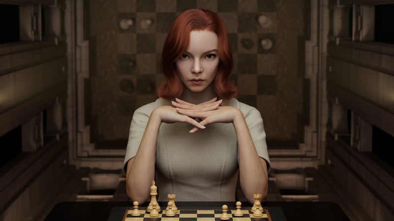 Anya Taylor-Joy, artwork, Beth Harmon, looking at viewer, CGI, fan art, digital art, 2K, The Queens Gambit, ArtStation, 3D, Xie Boli, redhead, chess, digital