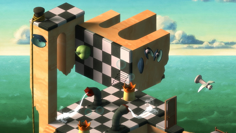 eyes, digital art, Jakob Witt, 1080P, sea, Chess, smoke, clouds, artwork, ropes, Surreal, Pawns, Flying, door, 3d, Apples, Checkered, mouth