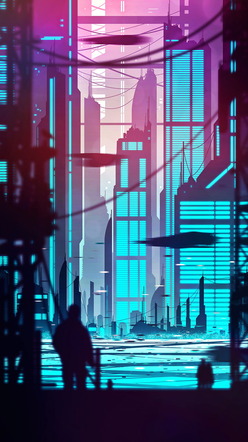 4K, silhouette, art, city, outlines, cyberpunk, buildings
