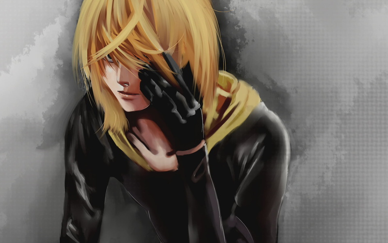 casual clothing, anime, blonde, portrait, hairstyle, guy, obscured face, beautiful woman, 1080P, figure, standing, waist up, young women, indoors, DEATH NOTE