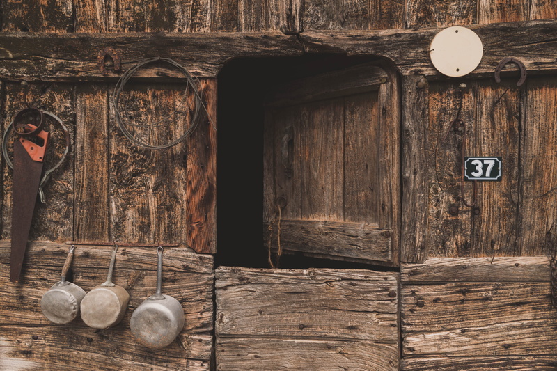 wooden, door, human representation, three, architecture, gray, pots, kitchen utensil, shelf, old, still life, doors, container, antique, rustic, entrance