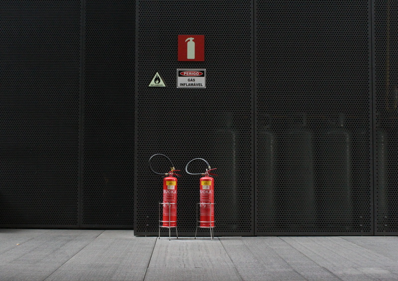 red, extinguisher, tanks, business, illuminated, caution, light, 4K, emergency equipment, sign, fire, danger, arrow symbol, road, room, day, device, gas