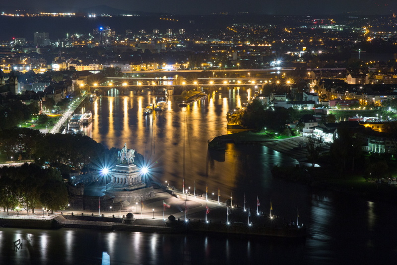 building, kaiser wilhelm, city, illuminated, cityscape, buildings, lzb, travel destinations, koblenz, top, water, ehrenbreitstein fortress, concrete, body