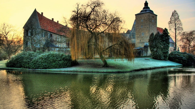 waterfront, building, river, nature, landscape, tower, brown, place of worship, grass, lake, bare tree, trees, religion, tree, HDR, winter, sky, 1080P