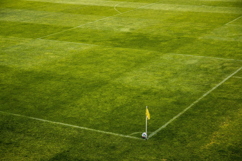 land, green color, environment, grass, team sport, pitch, daytime, day, high angle view, football, flag, side, white, playing field, plant, 2K, soccer field