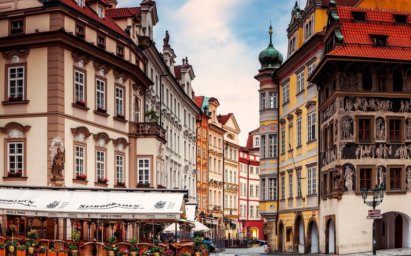 illustration, city, prague, 1080P, street, landscape, corner, buildings
