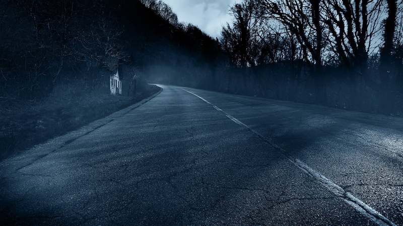 spooky, concrete, road, pavement, no people, transportation, winter, outdoors, sign, gray, the way forward, 1080P, cold temperature, land, dark, day, forest