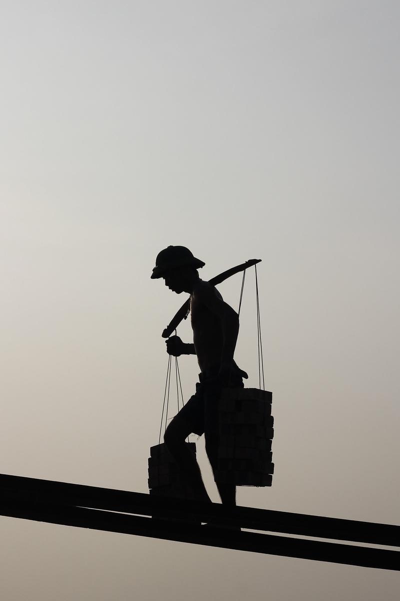 stones, hard work, man, white, sunset, full length, construction, men, water, outdoors, clear sky, tripod, occupation, sun, working, walking, black, activity