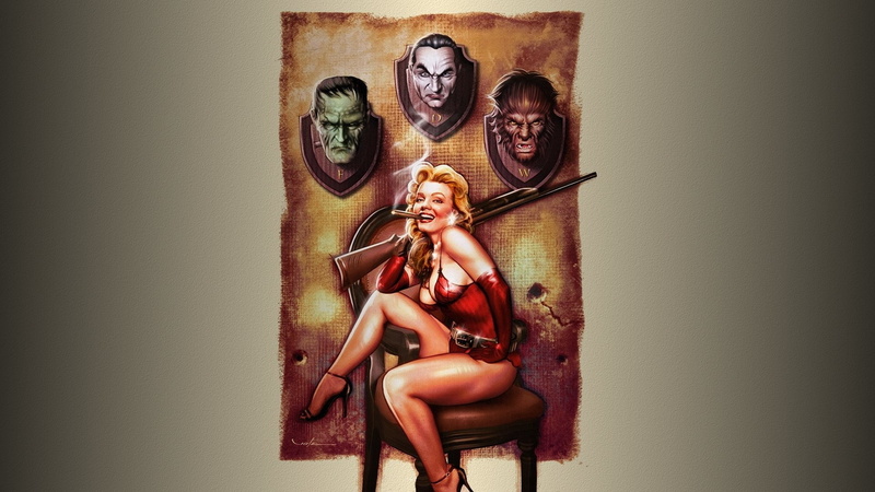 1080P, Holiday, Pin-Up, Dracula, Woman, Frankenstein, Halloween, Wolfman