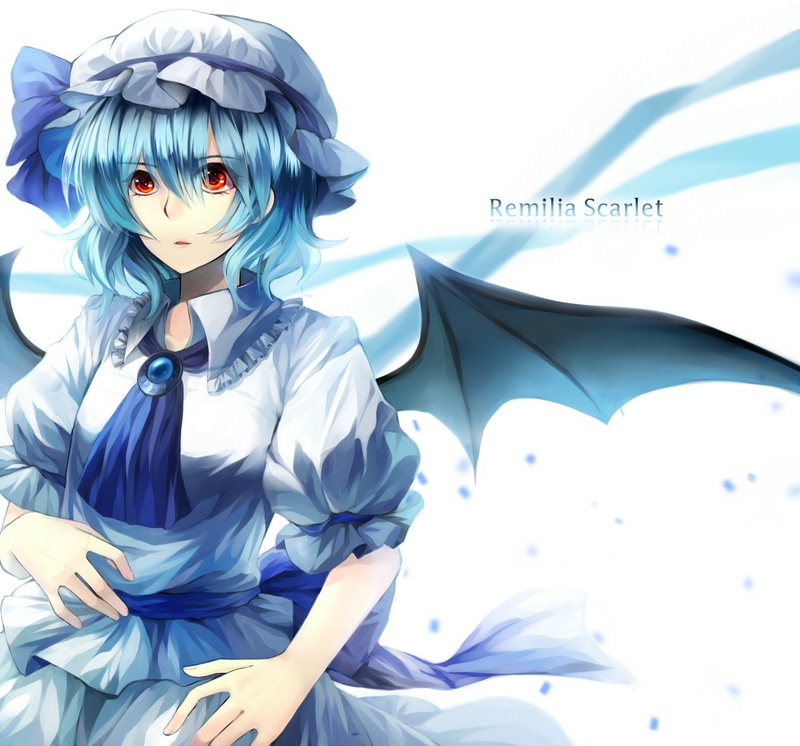 simple, girls, video, blue, hair, open, anime, ribbons, bows, hats, touhou, wings, short, bat, 720P, bangs, scarlet, dress, vampires, red, remilia, white