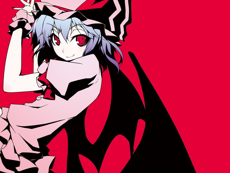 touhou, simple, missing, vampires, hair, scarlet, eyes, pink, dress, games, shingo, wings, video, short, hats, bat, remilia, blue, background, link, anime
