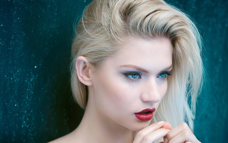 Blonde, Red Lipstick, women, 1080P, Martina Dimitrova, blue eyes