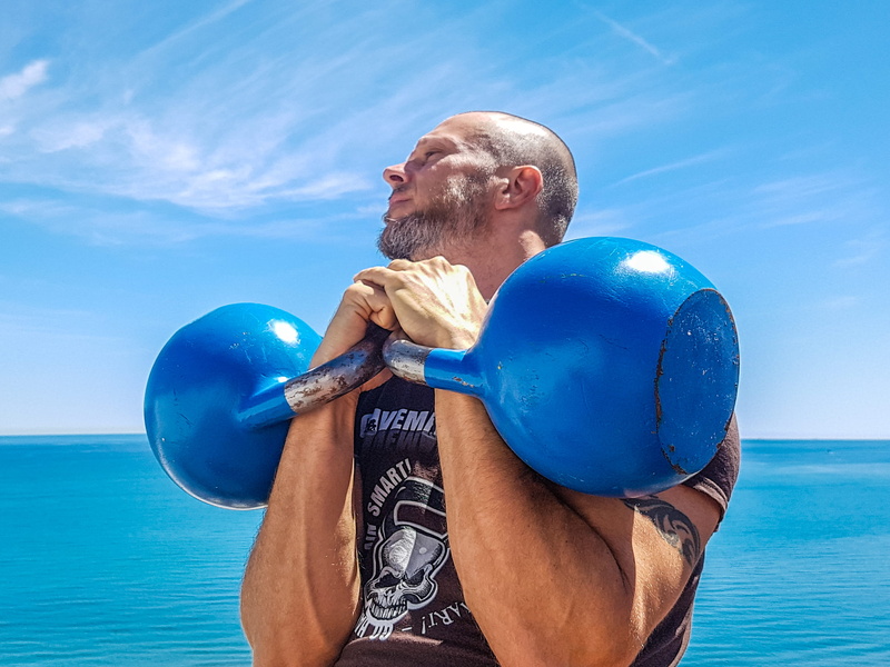 guy, adult, kettlebells, leisure, sea, beard, healthy lifestyle, sport, muscular, male, heavy, exercise, water, drinking, muscles, lifting, active, nature
