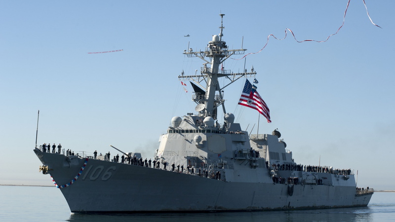 flag, guided missile destroyer, USS Stockdale, battleship, Arleigh Burke-class, DDG-106, USA Navy, usa, 4K