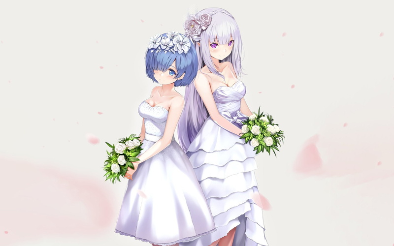 Dress, Emilia (Re:ZERO), Smile, Re:Zero, Rem (Re:ZERO), Wedding, Blue Eyes, Long Hair, White Hair, Anime, Wedding Dress, Purple Eyes, Flower, Belt, 1080P